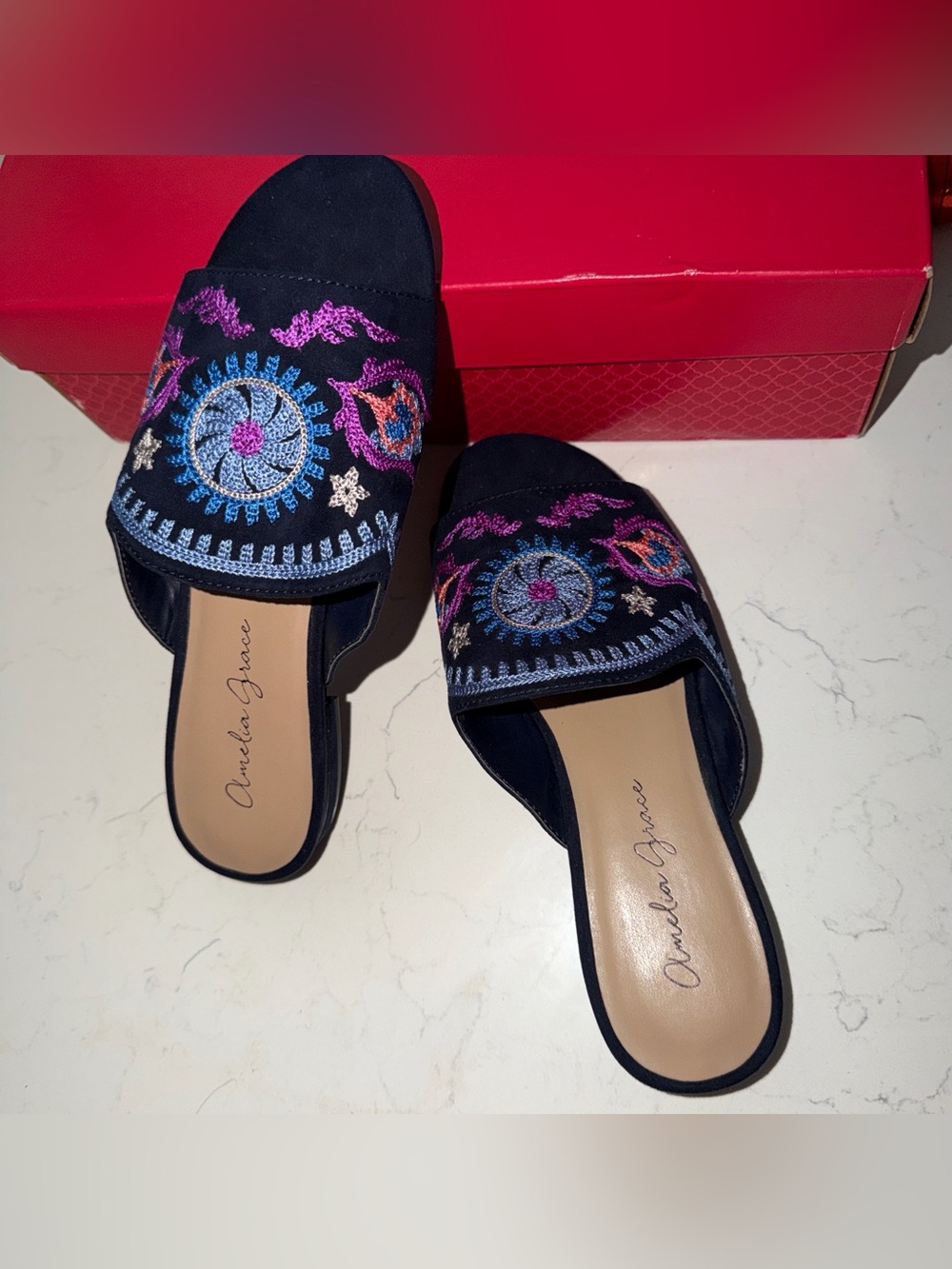 Amelia Grace Navy Embroidered Slide Mules